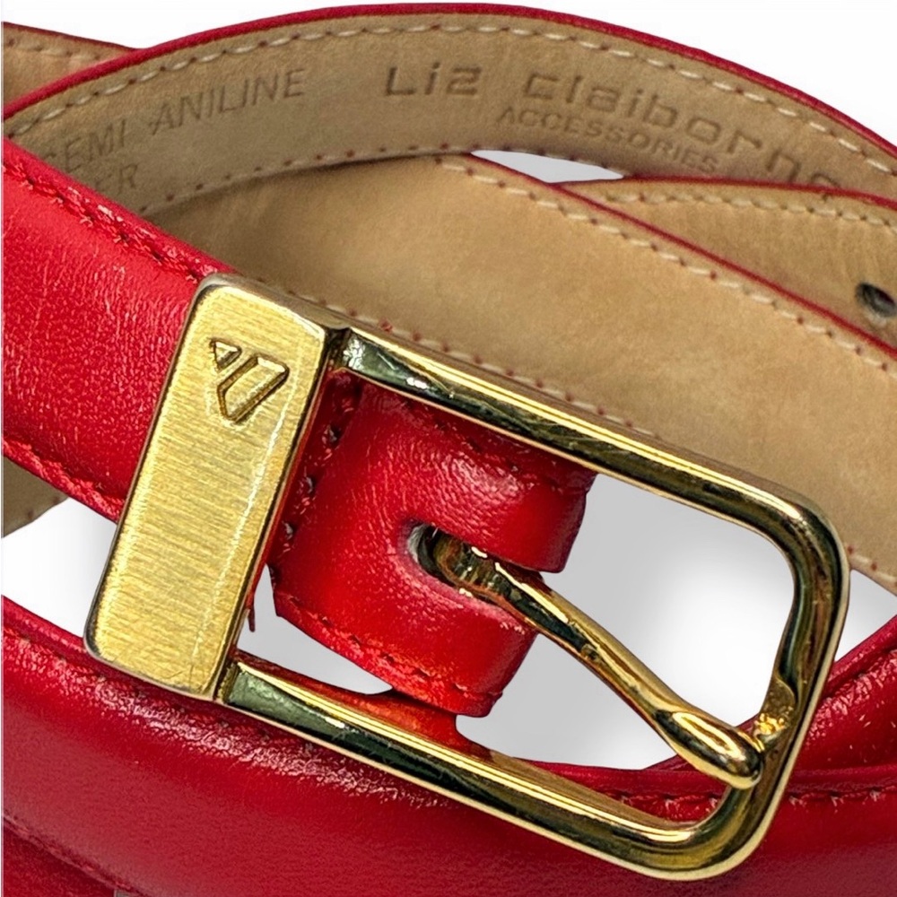 LIZ CLAIBORNE RED FULL-GRAIN SEMI-ANILINE LEATHER BELT GOLD BUCKLE SIZE LARGE